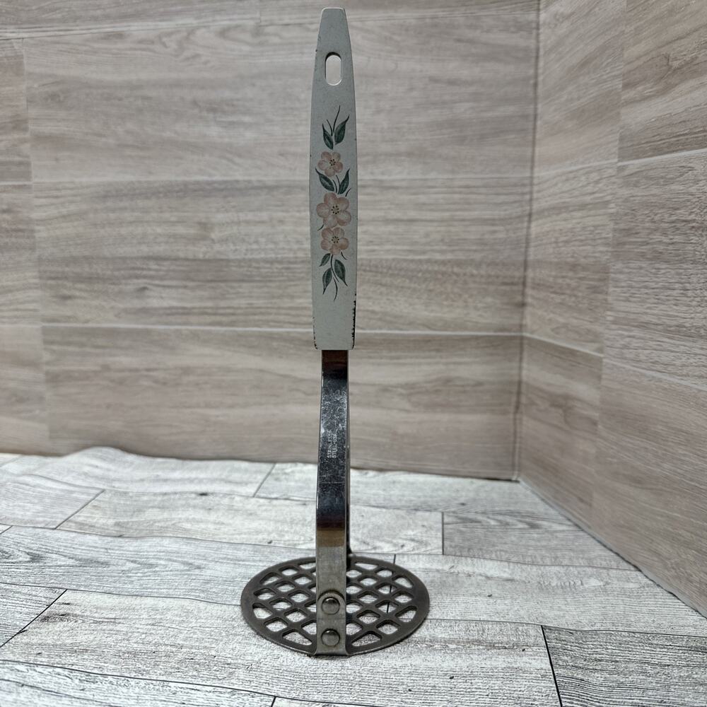 Vintage Kitchen Utensil Potato Masher Stainless Steel Peach Blossom Design